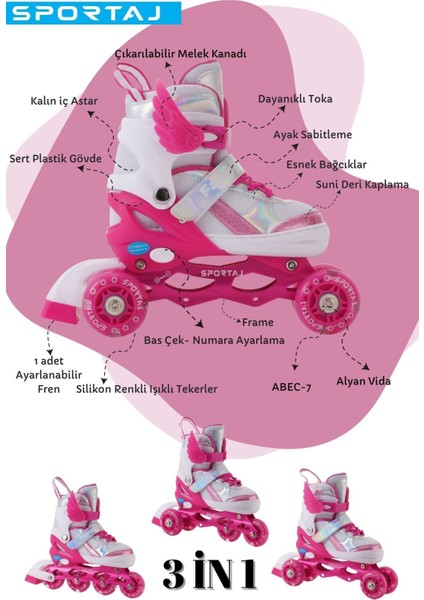 Melek Kanatlı Işıklı Çocuk Pateni Silikon Teker Ayarlanabilir Paten Taşıma Çantalı Fuşya fırsatları