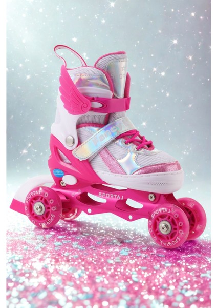 Melek Kanatlı Işıklı Çocuk Pateni Silikon Teker Ayarlanabilir Paten Taşıma Çantalı Fuşya indirimleri