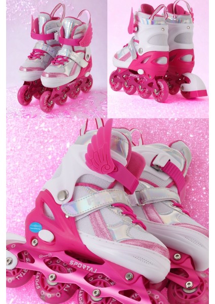 Melek Kanatlı Işıklı Çocuk Pateni Silikon Teker Ayarlanabilir Paten Taşıma Çantalı Fuşya