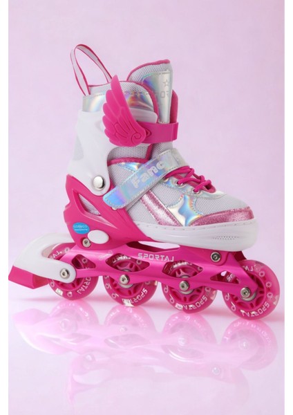 Melek Kanatlı Işıklı Çocuk Pateni Silikon Teker Ayarlanabilir Paten Taşıma Çantalı Fuşya