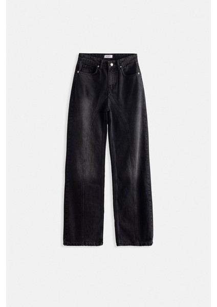 Dikiş Detay Geniş Paça Siyah Jean