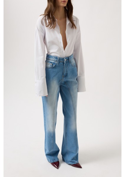Dikiş Detay Geniş Paça Mavi Jean modelleri