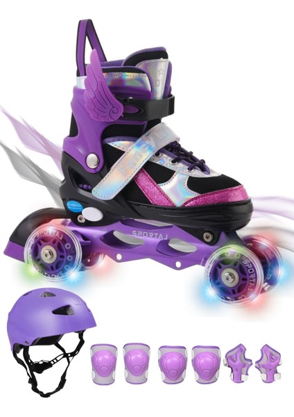 Melek Kanatlı Işıklı Çocuk Pateni Kask ve Dizlik Seti Silikon Teker Ayarlanabilir Paten Çantalı