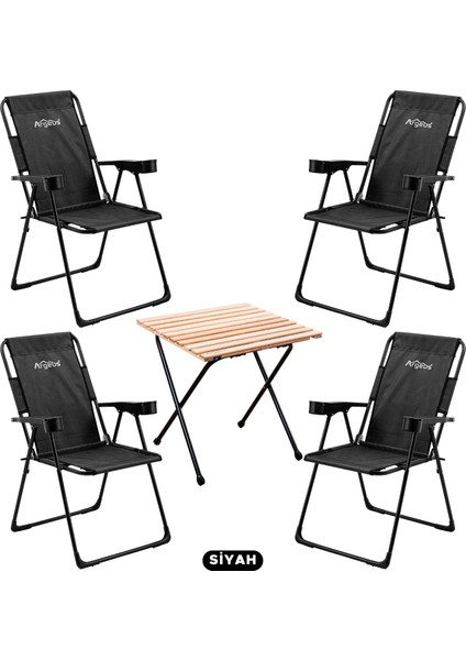 4 Adet Katlanır Kamp Sandalyesi ve Masa Seti - Rest - Siyah - 130 kg Taşıma