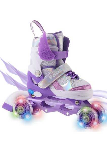 Melek Kanatlı Işıklı Çocuk Pateni Silikon Teker Ayarlanabilir Paten Taşıma Çantalı Lila