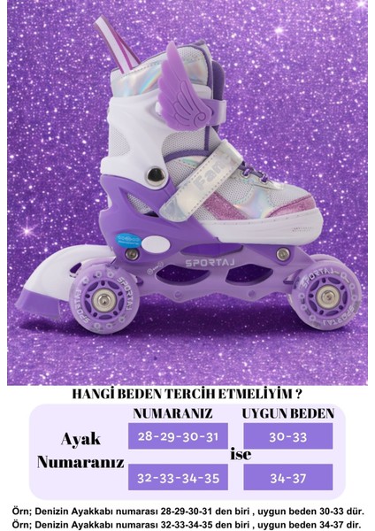 Melek Kanatlı Işıklı Çocuk Pateni Silikon Teker Ayarlanabilir Paten Taşıma Çantalı Lila fiyatları