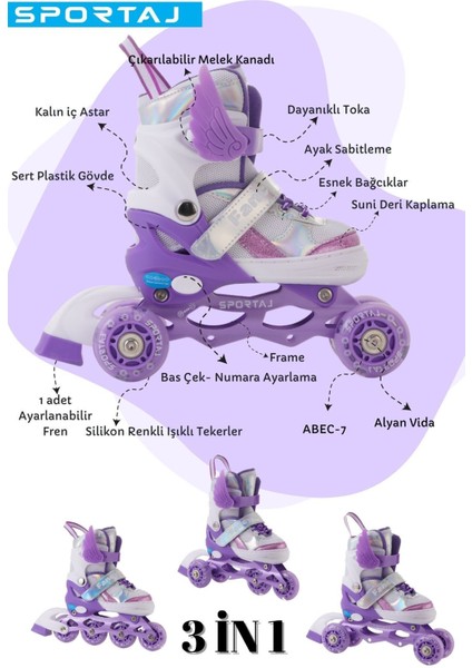 Melek Kanatlı Işıklı Çocuk Pateni Silikon Teker Ayarlanabilir Paten Taşıma Çantalı Lila modelleri