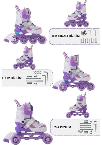 Melek Kanatlı Işıklı Çocuk Pateni Silikon Teker Ayarlanabilir Paten Taşıma Çantalı Lila fırsatları