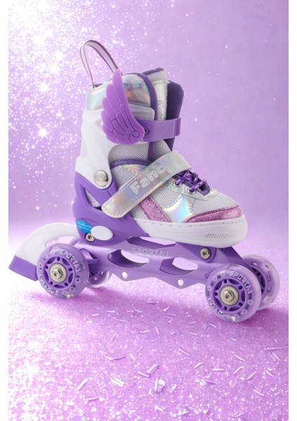 Melek Kanatlı Işıklı Çocuk Pateni Silikon Teker Ayarlanabilir Paten Taşıma Çantalı Lila indirimleri