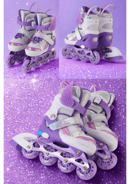 Melek Kanatlı Işıklı Çocuk Pateni Silikon Teker Ayarlanabilir Paten Taşıma Çantalı Lila