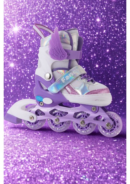 Melek Kanatlı Işıklı Çocuk Pateni Silikon Teker Ayarlanabilir Paten Taşıma Çantalı Lila