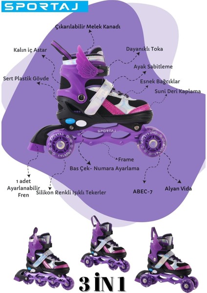 Melek Kanatlı Işıklı Çocuk Pateni Kask ve Dizlik Seti Silikon Teker Ayarlanabilir Paten Çantalı fırsatları