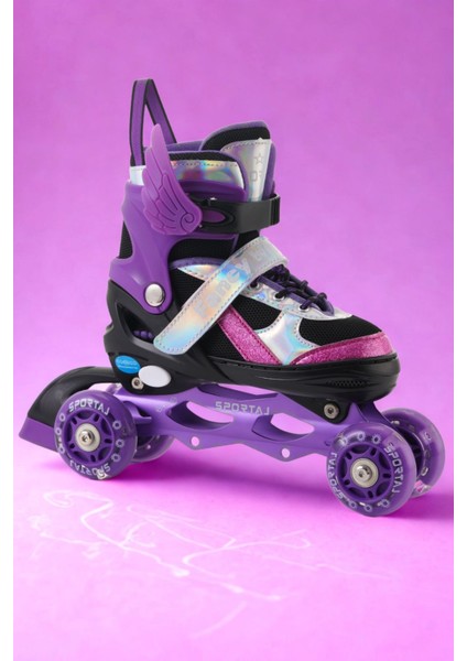 Melek Kanatlı Işıklı Çocuk Pateni Kask ve Dizlik Seti Silikon Teker Ayarlanabilir Paten Çantalı