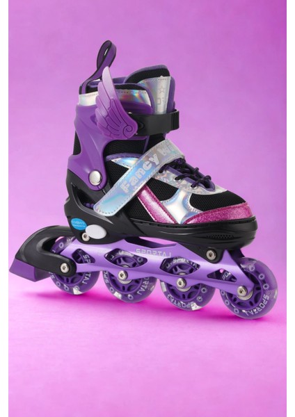 Melek Kanatlı Işıklı Çocuk Pateni Kask ve Dizlik Seti Silikon Teker Ayarlanabilir Paten Çantalı