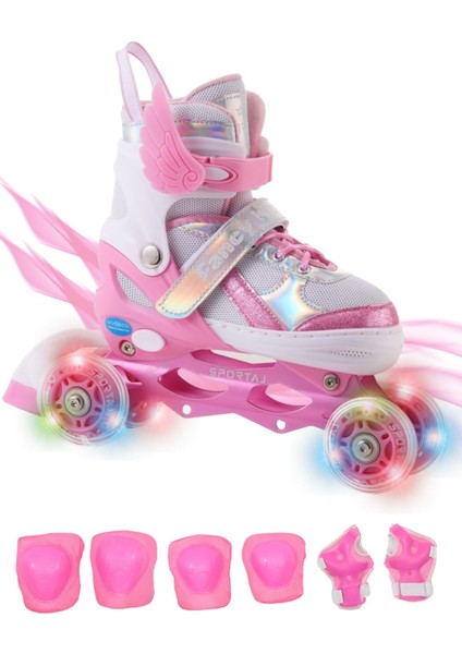 Melek Kanatlı Işıklı Çocuk Pateni ve Dizlik Seti Silikon Teker Ayarlanabilir Paten Çantalı Pembe