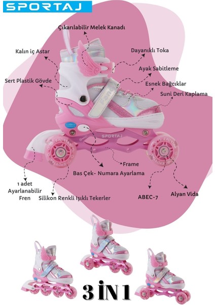 Melek Kanatlı Işıklı Çocuk Pateni ve Dizlik Seti Silikon Teker Ayarlanabilir Paten Çantalı Pembe fırsatları