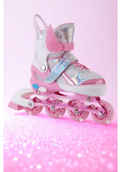 Melek Kanatlı Işıklı Çocuk Pateni ve Dizlik Seti Silikon Teker Ayarlanabilir Paten Çantalı Pembe