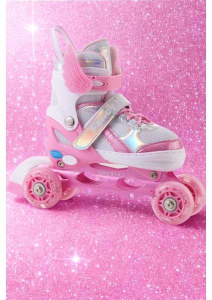 Melek Kanatlı Işıklı Çocuk Pateni ve Dizlik Seti Silikon Teker Ayarlanabilir Paten Çantalı Pembe