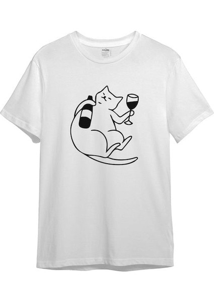 Wine Lover Cat Tişört - Beyaz