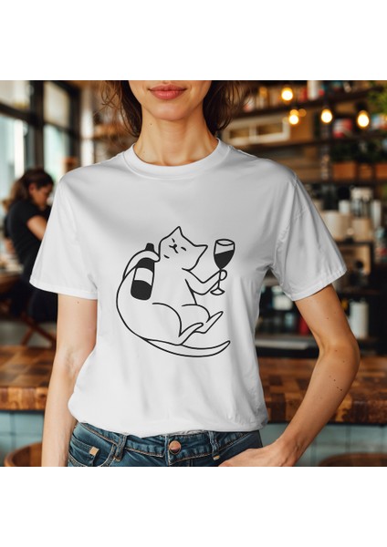Wine Lover Cat Tişört - Beyaz modelleri