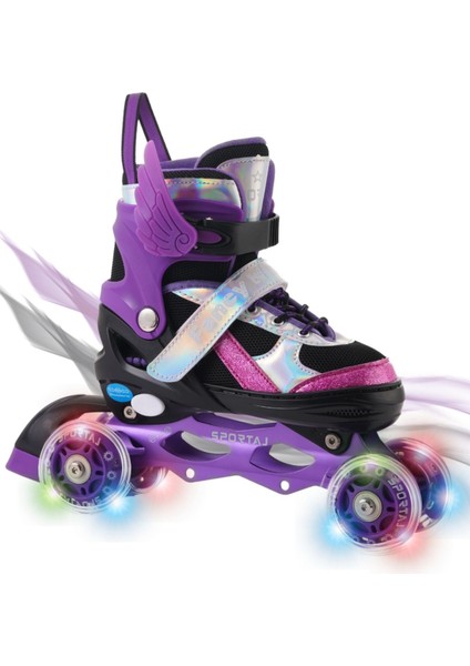 Melek Kanatlı Işıklı Çocuk Pateni Silikon Teker Ayarlanabilir Paten Taşıma Çantalı Mor