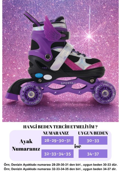 Melek Kanatlı Işıklı Çocuk Pateni Silikon Teker Ayarlanabilir Paten Taşıma Çantalı Mor fiyatları