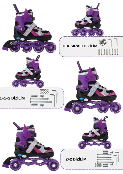 Melek Kanatlı Işıklı Çocuk Pateni Silikon Teker Ayarlanabilir Paten Taşıma Çantalı Mor modelleri