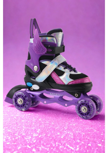 Melek Kanatlı Işıklı Çocuk Pateni Silikon Teker Ayarlanabilir Paten Taşıma Çantalı Mor