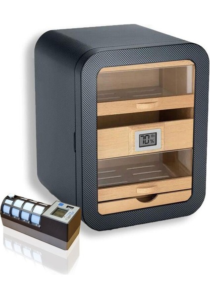 Camlı 5 Çekmeceli Puro Kutusu Karbon Desen 80's Cigarspa Elektronik Nemlendirme