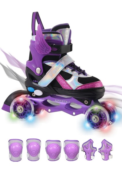 Melek Kanatlı Işıklı Çocuk Pateni ve Dizlik Seti Silikon Teker Ayarlanabilir Paten Çantalı Mor