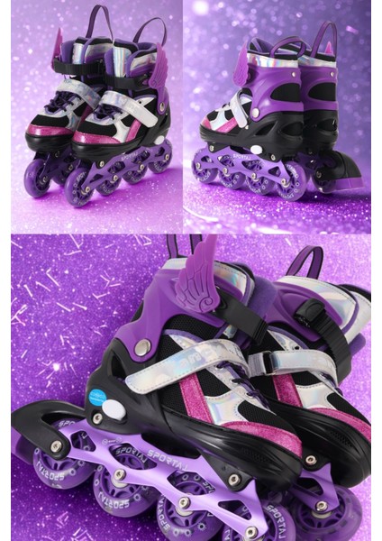 Melek Kanatlı Işıklı Çocuk Pateni ve Dizlik Seti Silikon Teker Ayarlanabilir Paten Çantalı Mor indirimleri