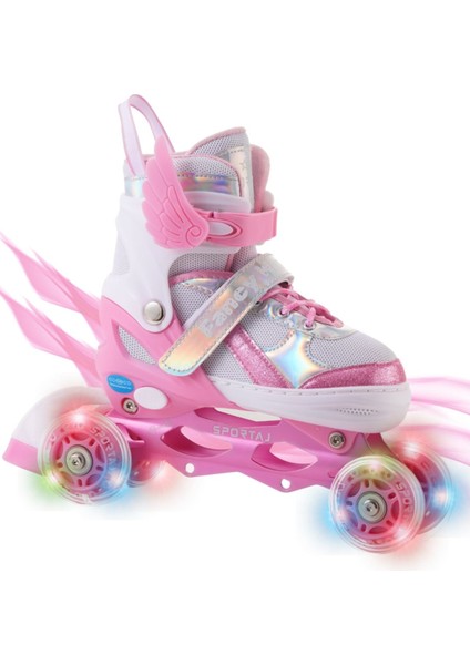 Melek Kanatlı Işıklı Çocuk Pateni Silikon Teker Ayarlanabilir Paten Taşıma Çantalı Pembe