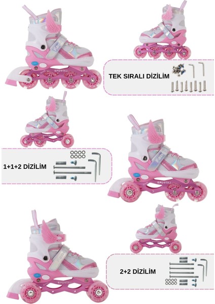 Melek Kanatlı Işıklı Çocuk Pateni Silikon Teker Ayarlanabilir Paten Taşıma Çantalı Pembe modelleri