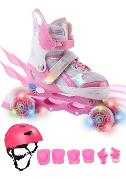 Melek Kanatlı Işıklı Çocuk Pateni Kask ve Dizlik Seti Silikon Teker Ayarlanabilir Paten Çantalı