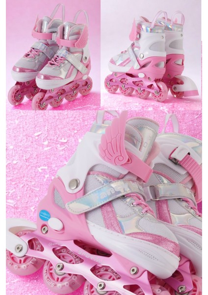 Melek Kanatlı Işıklı Çocuk Pateni Kask ve Dizlik Seti Silikon Teker Ayarlanabilir Paten Çantalı indirimleri