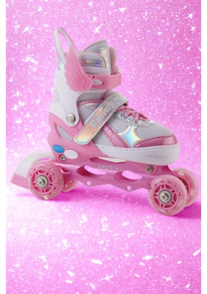 Melek Kanatlı Işıklı Çocuk Pateni Kask ve Dizlik Seti Silikon Teker Ayarlanabilir Paten Çantalı