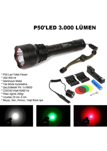 Profesyonel P50LED 3.000 Lümen Şarjlı Av Feneri Watton WT-150