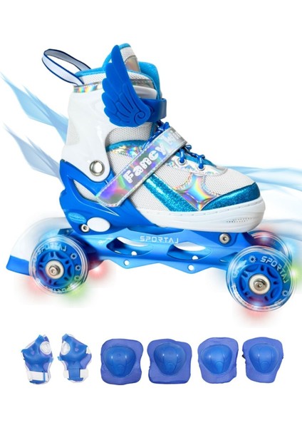 Melek Kanatlı Işıklı Çocuk Pateni ve Dizlik Seti Silikon Teker Ayarlanabilir Paten Çantalı Mavi