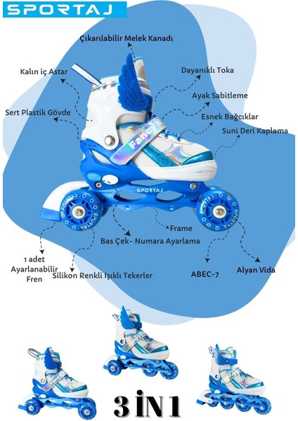 Melek Kanatlı Işıklı Çocuk Pateni ve Dizlik Seti Silikon Teker Ayarlanabilir Paten Çantalı Mavi modelleri