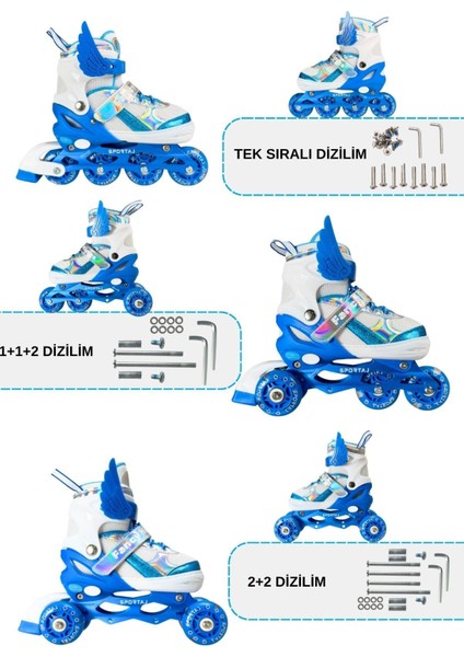 Melek Kanatlı Işıklı Çocuk Pateni ve Dizlik Seti Silikon Teker Ayarlanabilir Paten Çantalı Mavi fırsatları