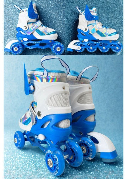 Melek Kanatlı Işıklı Çocuk Pateni ve Dizlik Seti Silikon Teker Ayarlanabilir Paten Çantalı Mavi indirimleri