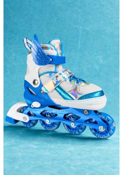 Melek Kanatlı Işıklı Çocuk Pateni ve Dizlik Seti Silikon Teker Ayarlanabilir Paten Çantalı Mavi