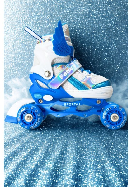 Melek Kanatlı Işıklı Çocuk Pateni ve Dizlik Seti Silikon Teker Ayarlanabilir Paten Çantalı Mavi