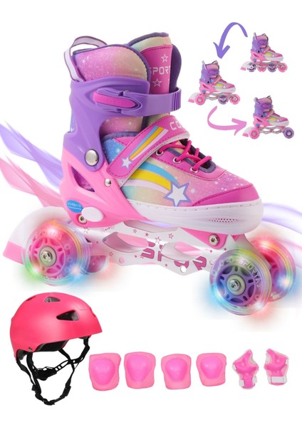 Yıldız Gökkuşağı Işıklı Kız Çocuk Pateni Kask ve Dizlik Seti Silikon Teker Ayarlanabilir Taşıma