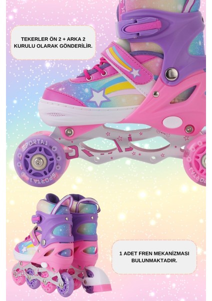 Yıldız Gökkuşağı Işıklı Kız Çocuk Pateni Kask ve Dizlik Seti Silikon Teker Ayarlanabilir Taşıma modelleri