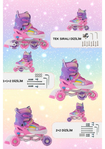 Yıldız Gökkuşağı Işıklı Kız Çocuk Pateni Kask ve Dizlik Seti Silikon Teker Ayarlanabilir Taşıma fırsatları