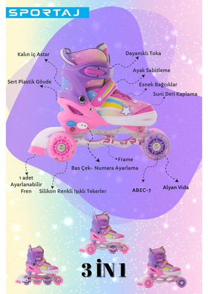 Yıldız Gökkuşağı Işıklı Kız Çocuk Pateni Kask ve Dizlik Seti Silikon Teker Ayarlanabilir Taşıma indirimleri