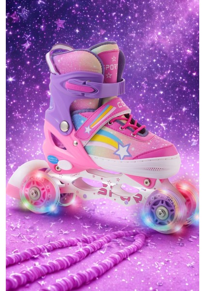 Yıldız Gökkuşağı Işıklı Kız Çocuk Pateni Kask ve Dizlik Seti Silikon Teker Ayarlanabilir Taşıma