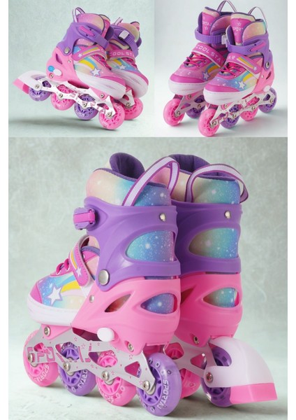 Yıldız Gökkuşağı Işıklı Kız Çocuk Pateni Kask ve Dizlik Seti Silikon Teker Ayarlanabilir Taşıma