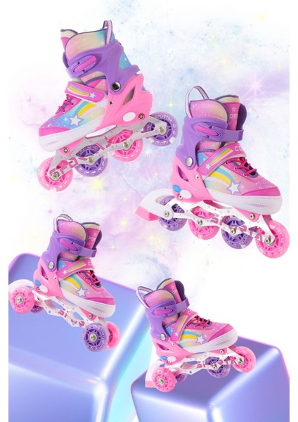 Yıldız Gökkuşağı Işıklı Kız Çocuk Pateni Kask ve Dizlik Seti Silikon Teker Ayarlanabilir Taşıma